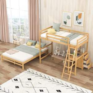 Cama litera doble de madera de pino maciza tradicional con 3 cajones de almacenamiento, escritorio integrado, barandilla y escalera, duradera, para niños y niñas - Product Image 1