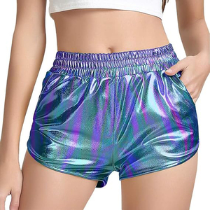 Holographic Shorts Women Purple Blue Green Iridescent Wide Elastic Waist Side Pocket Rainbow Shimmer Rave - Product Image 2