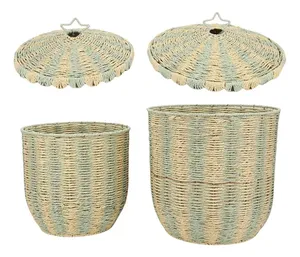 Green Yellow Cute Eco-Friendly Paper Rope Woven Storage <b>Basket</b> with Lid <b>for</b> Laundry Toy Home Storage (<b>Flower</b> Shape) - Product Image 2