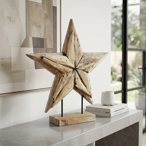 Starios Stand Handcrafted <b>Wooden</b> Star Sculpture <b>Rustic</b> Celestial Tabletop Decorative Artwork Metal Stand Home Decor Display - Product Image 4