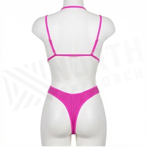 Maillot de bain une pièce côtelé rose à dos nu avec bas string, tenue de plage extensible pour femme, maillot de bain tricoté couleur unie - Product Image 2