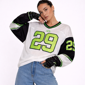 Camiseta de fútbol americano unisex estilo universitario de malla transpirable con número de diamantes de imitación, manga larga, estilo urbano, OEM, marca privada, venta al por mayor - Product Image 3