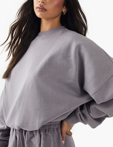 Conjunto de Sudadera para Mujer, 100% Algodón, con Logotipo Personalizado, Tallas Grandes, Hombros Caídos, Decoración de Encaje, Técnica de Bordado, Corta - Product Image 3