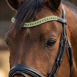 Fronture de cheval de luxe vert clair ornée de cristaux et de strass, en cuir rembourré personnalisé, forme en U incurvée, confortable pour le dressage en extérieur - Product Image 1