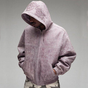 Men's Purple Leopard Print Genuine Leather Waterproof Reversible Breathable Hooded Bomber <b>Jacket</b> Embroidery Zipper Front Loose - Product Image 1
