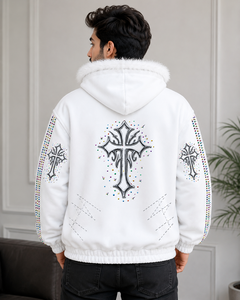<b>Women's</b> <b>White</b> Hooded <b>Sweatshirt</b> With Cross Print Sequined Sleeves Casual Winter Jacket - Product Image 4