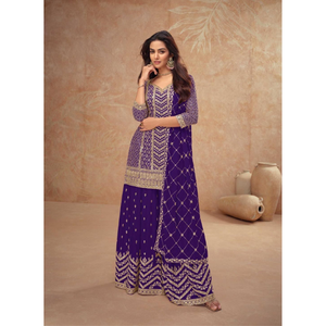 Salwar Kameez morado bordado con dupatta para mujer, vestido tradicional indio pakistaní para bodas, largo hasta el suelo, de poliéster. - Product Image 1