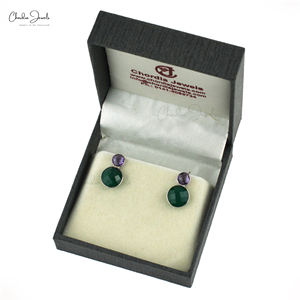 Pendientes Redondos de Plata de Ley 925 con Ónix Verde y Amatista Morada, Chapados en Oro, con Dos Piedras Preciosas, para Mujer, Más Vendidos - Product Image 4