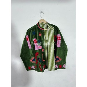Unisex Party Wear Jacket Uzbek Embroidery Jacket Green Velvet Jacket <b>Coat</b> Hand <b>Stitch</b> Cotton Lining Boho Chic Jacket - Product Image 5
