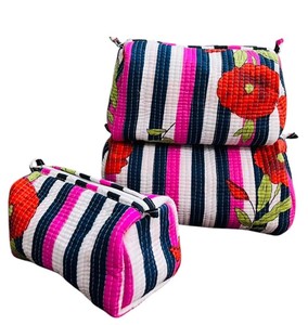 Traditional Striped Floral Hand Block Printed 100% Cotton Cosmetic Storage Utility Bag Set Zipper Closure Hip-Hop Style - Product Image 2