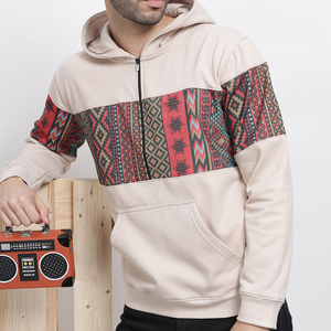 Sweat-shirt à capuche zippé pour homme, coupe classique, beige avec motif tribal, vêtement décontracté pour l'automne - Product Image 5