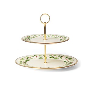 Support à gâteau en céramique à deux niveaux avec motif houx et bordure dorée, plateau rond pour servir desserts et en-cas - Product Image 1