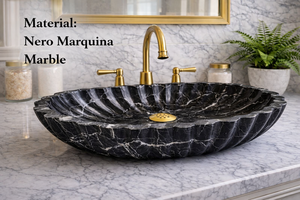 Vasque en marbre noir Nero Marquina, design floral en marbre noir de luxe, lavabo fait main, vasque de salle de bain moderne, lavabo à poser sur comptoir - Product Image 4