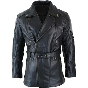 Manteau long en cuir noir sur mesure pour homme, ceinturé, style motard, en véritable peau de mouton, coupe ajustée, veste de motard, vêtement d'extérieur chaud pour l'hiver - Product Image 1