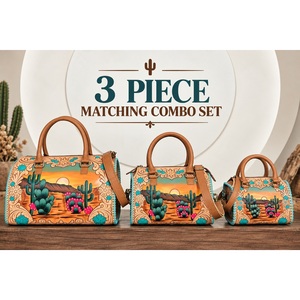 Super September Tooled Leather <b>Handbag</b> 3 piece Matching Combo Collection New cactus sunset Print Women <b>Travel</b> Luggage Set - Product Image 1