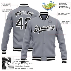 Veste universitaire personnalisée gris, noir et blanc, à boutons-pression, bicolore, style bomber, veste de sport premium unisexe pour équipe, école, streetwear - Product Image 2