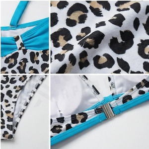 Ensemble bikini imprimé léopard pour femme, col halter, deux pièces, taille haute, avec bordure contrastée bleue et détail cordon de serrage - Product Image 4