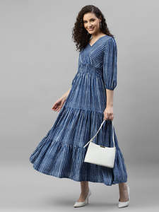 Vestido Maxi de Rayón a Rayas para Mujer, Estilo Ajustado y Evase, Festivo, Elegante, Casual, Moderno, Vestido Largo de Una Pieza para Mujer - Product Image 1