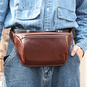<b>Top</b> Quality Custom Leather Waist Bag Unisex Adjustable Zipper Closure Brown Pillow Shape Daily Use Fanny Packs - Product Image 1