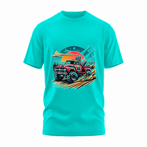 T-shirt bleu à manches courtes pour homme, col rond, coupe classique, imprimé rétro camion, décontracté, en jersey de coton - Product Image 2