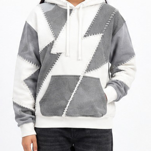 Sudadera con Capucha Extra Grande Unisex, Diseño de Parches Geométricos, Blanca y Gris, Ropa Casual de Otoño - Product Image 6