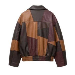 Multi Color <b>Tan</b> <b>Brown</b> Women Leather Jacket Breathable Windproof PU Patchwork Spread Neckline Cuffed Sleeves Womens Coats - Product Image 2