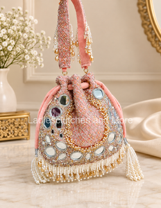 Bolso Potli de Lujo con Cuentas y Cadenas para Mujer |   Bolso de mano de noche de moda casual para boda con trabajo de perlas y espejos - Product Image 6