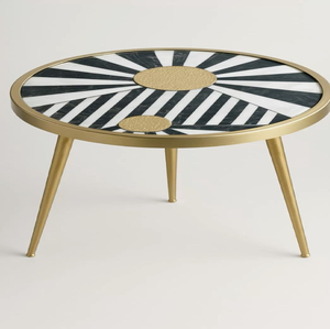 Impresionante mesa auxiliar con diseño de tambor y franjas alternadas en azul y madera natural, disponible a precios de mayorista. - Product Image 4