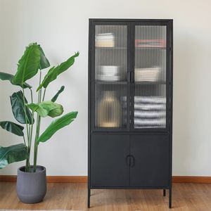 Élégant meuble de rangement en métal noir mat et verre avec étagères réglables - Product Image 1