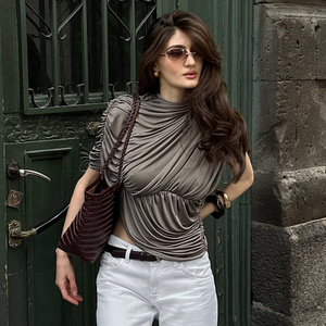 Camiseta de punto asimétrica con mangas abullonadas y estampado de puntos para mujer, talla grande, largo regular, sin cuello, elástica y sexy para adolescentes - Product Image 5