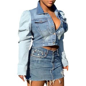 Popular Casual Short <b>Denim</b> Coat Button Linking Puff Long Sleeve Blue <b>Jackets</b> for Women - Product Image 2