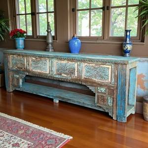 Mesa Consola de Madera Maciza de Estilo Vintage con Forma Rectangular y Almacenamiento Duradero, Pátina Natural Azul que Agrega Profundidad y Elegancia Discreta - Product Image 2