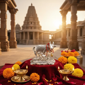 Artículos decorativos y de regalo: Pequeña vaca Kamdhenu con ternero, en plata pulida, para decoración del hogar, oficina y como recuerdo de boda. - Product Image 1