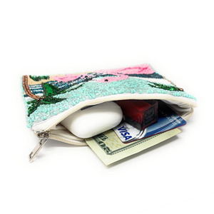 Monedero de mujer hecho a mano con cremallera y cuentas, diseño de flamenco tropical al atardecer, tipo clutch de playa con palmera, bordado bonito, regalo costero para resort - Product Image 3
