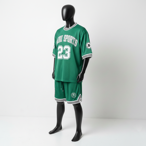 ชุดกีฬาขาสั้นผู้ชาย ผ้าโพลีเอสเตอร์ตาข่ายระบายอากาศ 180 GSM สีเขียวขอบขาว พร้อมสกรีนโลโก้ตามสั่ง - Product Image 4