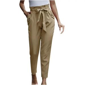 Pantalones de Vestir Formales Lisos para Mujer, 100% Algodón Canvas, Ligeros, Transpirables, Ecológicos, Ajustados, Vintage, con Cinturón, Lavado Ácido, Cintura Alta - Product Image 4
