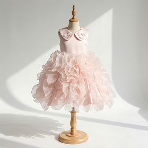 Robe chic rose clair à col Peter Pan et volants pour filles, idéale pour la Fête des Pères et les événements spéciaux - Product Image 1