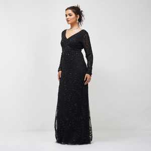 Elegant Black Sequined High-Waist Backless Lined A-Line Dress V-Neck Sleeveless <b>Floor</b>-<b>Length</b> Fitted Cocktail <b>Gown</b> Solid Front - Product Image 6