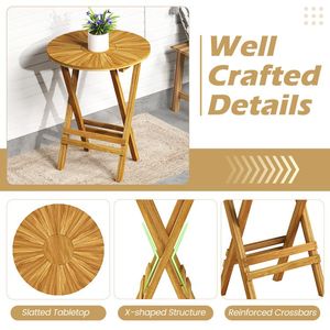Patio Folding Teak Wood Round End <b>Table</b> with Slatted Tabletop and X-Shaped Frame for Outdoor Use - Product Image 6