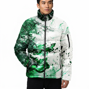 Unisex Green Abstract Print <b>Fleece</b> Puffer Jacket Hooded Collar <b>Zipper</b> Closure Long Casual Winter Eco-Friendly Front - Product Image 5