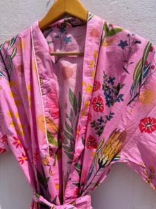 Bata Kimono de Algodón con Estampado Floral Rosa para Mujer, Larga, Cuello en V, Manga 3/4, Cierre con Cordón, Transpirable, Ropa de Dormir Informal de Verano - Product Image 6