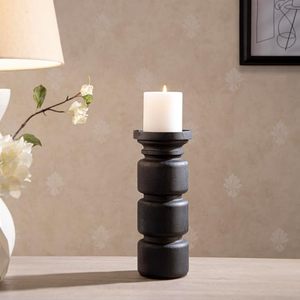 <b>Black</b> Wooden Handmade Gravure Printed Matte Cylindrical <b>Candlestick</b> Stand and Candle Container for Home Wedding Hotel Decor - Product Image 5