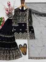 Setelan Sharara Georgette Bordir Ungu dengan Dupatta Jaring, Pakaian Tradisional India Pakistan untuk Pernikahan, Wanita, Midi, Regular Fit, Anti Kusut