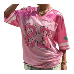 Pink Breathable Polyester Mesh Jersey <b>T</b>-<b>Shirt</b> <b>Women</b> <b>V</b>-<b>Neck</b> Oversized Loose Short Sleeve Solid Summer Streetwear - Product Image 3