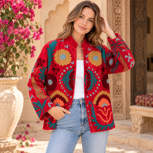 Blouson bomber rouge en coton respirant, tricoté et tissé, brodé à la main, col mandarin, motif floral, manches longues, épais, style Prairie Chic - Product Image 2