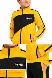 Ensemble de survêtement sportif jaune et noir pour garçons, veste zippée intégrale et pantalon de jogging assorti, en polyester premium avec logo sur le devant, vêtements de sport - Product Image 4