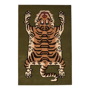 Tapis tissé à la main, motif animalier tibétain tigre, à poils ras, en laine, sur mesure, rectangulaire, vert, vente en gros - Product Image 1
