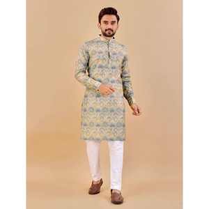 Kurta de algodón con estampado de láminas de diseñador con Multi-Payjama, ropa de dormir suave para hombre de talla grande - Product Image 1