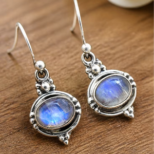 Natural Rainbow Moonstone Oval <b>Earrings</b> 925 <b>Sterling</b> <b>Silver</b> <b>Dangle</b> <b>Earrings</b> Blue Flash Gemstone Handmade Jewelry - Product Image 1