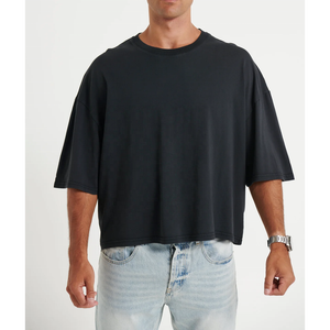 Camiseta de algodón grueso personalizada al por mayor para hombre, cuello grueso, blanca lisa, corte holgado, camiseta básica negra - Product Image 2